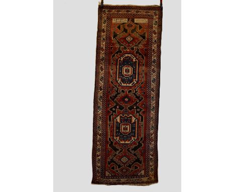Veramin runner, north west Persia, woven with date 1338 (AH) [1919 AD] at the top end left side with ivory inscription panel 