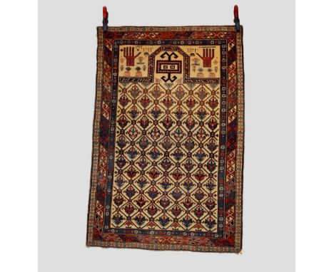 Daghestan white field dated prayer rug, north east Caucasus, late 19th century, 4ft. 8in. X 3ft. 1in. 1.42m. X 0.94m. Overall