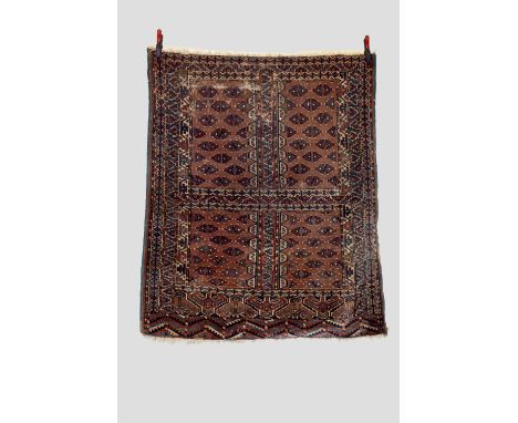 Yomut Turkmen ensi, Turkmenistan, late 19th century, 5ft. 5in. X 4ft. 6in. 1.65m. X 1.37m. Overall wear with some repairs and
