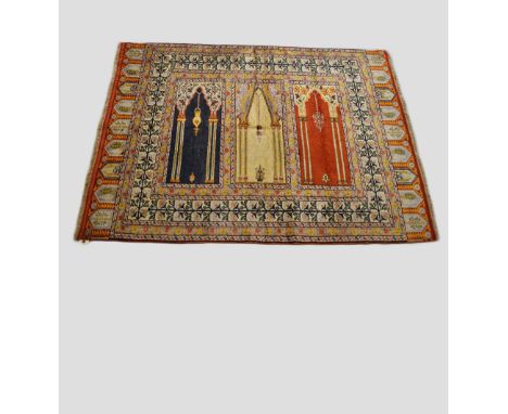 Kayserie 'art silk' saf, north central Anatolia, circa 1950s, 4ft. 3in. X 3ft. 1.30m. X 0.91m. Unusually small saf with three