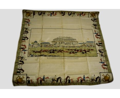Three printed squares comprising a souvenir colour printed silk scarf depicting an early 19th century scene of the St Leger R