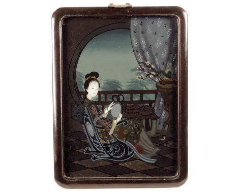 Four Chinese reverse glass paintings of ladies, comprising: a pair of pictures of a young lady standing on a terrace and seat