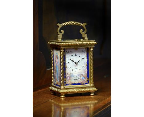 A late 19th century French gilt brass and enamel repeating carriage clock with alarm by Le Roys & Fils, the platform lever es