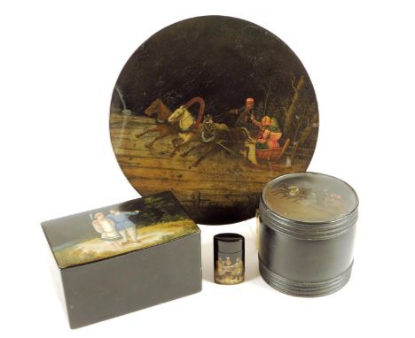 A small collection of late 19th century Russian lacquer items, comprising: a tea caddy, the hinged lid painted with a peasant