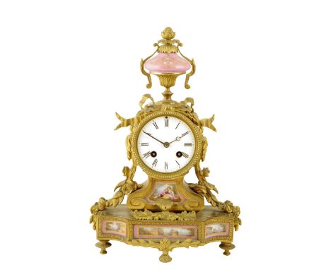 A late 19th century French ormolu and porcelain mounted mantel clock, the eight day movement striking on a bell by 'Japy Frer