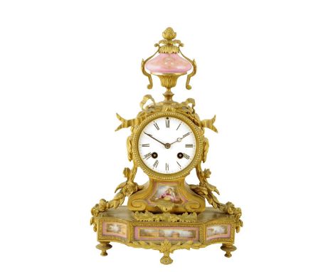 A late 19th century French ormolu and porcelain mounted mantel clock, the eight day movement striking on a bell by 'Japy Frer