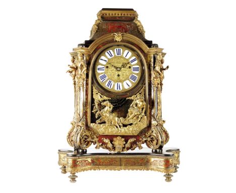 λ A French brass and tortoiseshell boulle marquetry mantel clock, with an associated English eight day, three train musical m