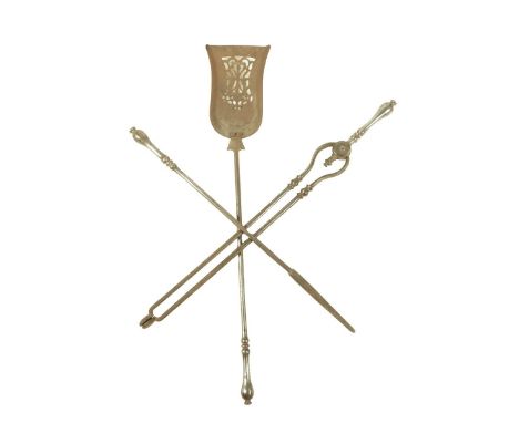 A set of three Victorian steel fire tools, each with a baluster handle, with a pierced pan, 75.4cm long (max). (3)