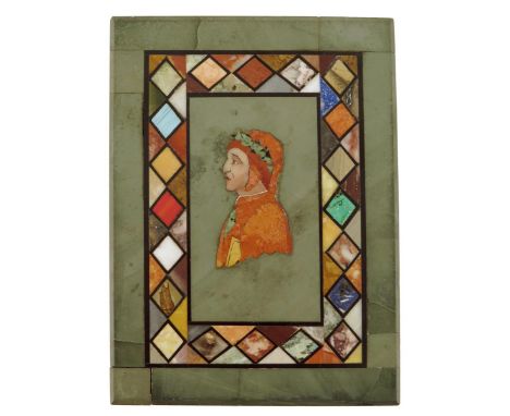 A late 19th century Italian Florentine pietra dura paperweight, the centre decorated with a portrait of Dante within a band o