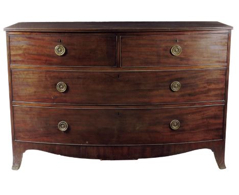 A large Regency Irish mahogany bowfront chest, the top with a reeded edge above two short and two long drawers on French brac