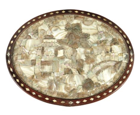 A 19th century Chinese oval hardwood and mother of pearl occasional table, the top decorated with figures, trees and pagoda's