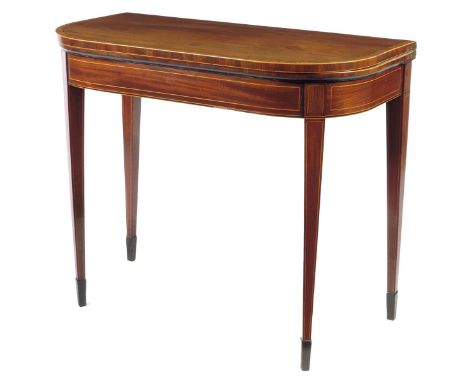 λ A Regency mahogany 'D' shape card table, inlaid with boxwood stringing, the fold-over top with rosewood crossbanding on squ