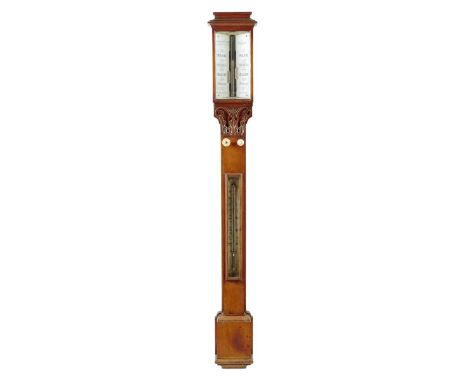 λ A Victorian walnut stick barometer by Negretti &amp; Zambra, with twin ivory dials, signed 'NEGRETTI &amp; ZAMBRA Inst Make