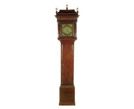 An oak longcase clock by William Wilkins of Devizes, the thirty hour turned and posted frame movement with an anchor escapeme