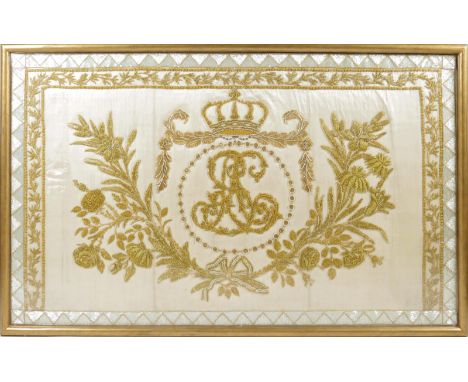 A Louis XV beadwork altar frontal, embroidered on an ivory satin ground with tubular beads in white and yellow with seed pear