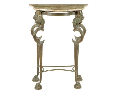 A bronze and marble console table in Regency style, the fixed top above four lion monopodia, 84.5cm high, 60.9cm wide, 30.6cm