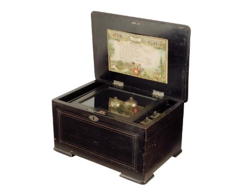 λ A late 19th century Swiss rosewood and ebonised musical box, the 15.4cm brass cylinder playing eight airs with three bells,