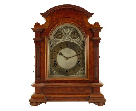 A late 19th century German burr walnut chiming mantel clock, the eight day three train movement striking on five gongs, with 