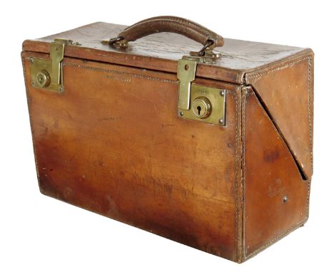 A George V leather artist's travelling paint case by Brachers, the hinged top revealing a set of five concertina action metal