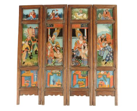 A 19th century Chinese hardwood four panel table screen, inset with reverse glass paintings of figures and objects, hinges mi