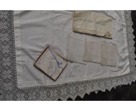 A selection of vintage and antique items including crotchet edged table cloth(some damage to section of edge) pillow cases, h