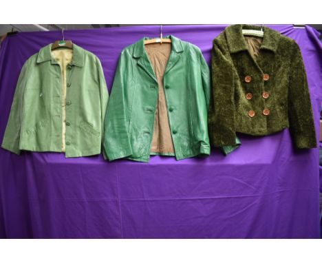 Two vintage green ladies leather jackets and a green coat.