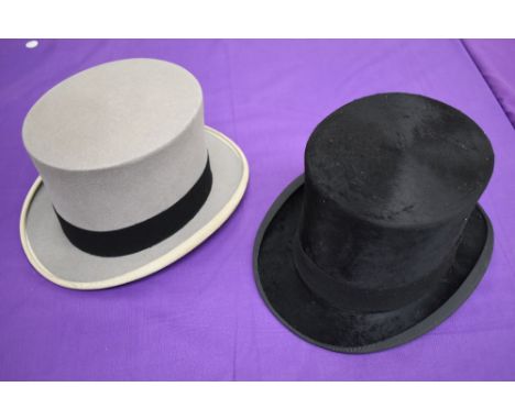 A vintage Harrods top hat and a later grey top hat.
