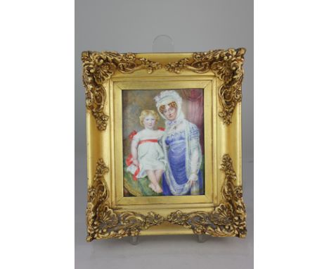 A 19th century miniature portrait of a mother and child, the woman dressed in frilled bonnet and blue gown, the child wearing