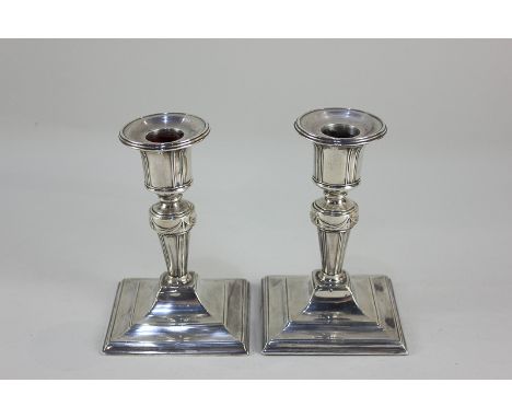 A pair of Victorian silver dwarf column candlesticks, makers Harrison Brothers &amp; Howson, Sheffield 1900, 12.5cm high