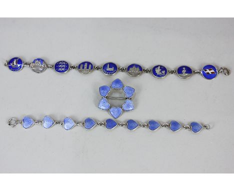 A Danish silver and blue guilloche enamel bracelet by Volmer Bahner, with heart shaped links, a matching brooch and a Danish 