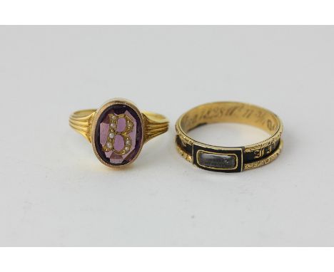 A George IV 18ct gold and enamel mourning ring for Benj Towle, London 1827, with hair compartment , and a French gold, diamon