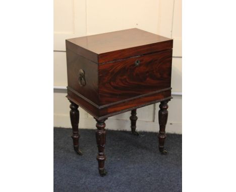 A Georgian rectangular mahogany cellarette with brass ring side handles and sphinx embossed back plates, on turned and reeded