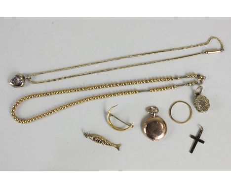 A yellow gold bead link neck chain, a 9ct gold herringbone chain with heart pendant, four various pendants,  a 22ct ring, and