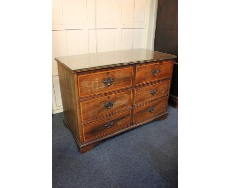 A George III mahogany and satinwood cross-banded chest of six short drawers with brass drop handles, on bracket feet, 119cm
