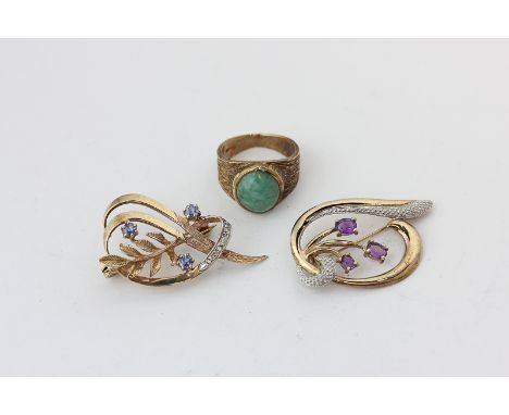 Two 9ct gold and gem set brooches, and a 9ct gold and hardstone ring