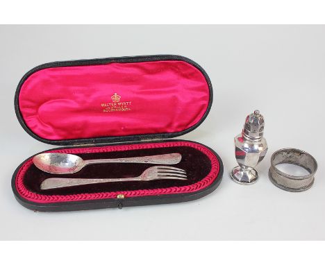 An Edward VII silver matched christening set of spoon and fork, in case, with engraved design, makers Josiah Williams &amp; C