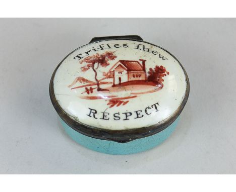 An oval enamel patch box, 'Trifles shew respect', with turquoise base, 4cm