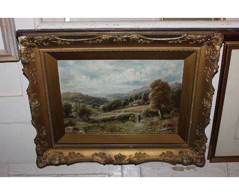 R J Hammond, rural landscape view of figures on a path before a cottage and distant fields, oil on canvas, signed, 25cm by 34