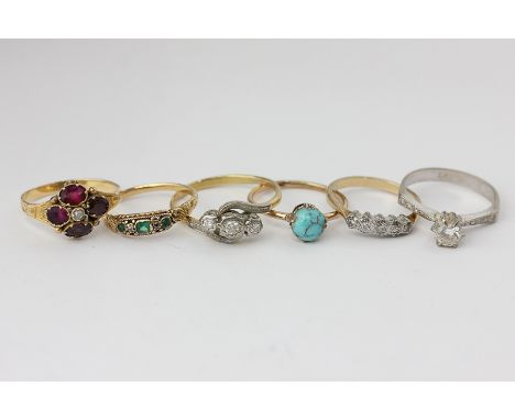 A diamond single stone ring, a 19th century amethyst ring, and four other gem set rings