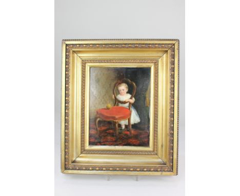 19th century school, portrait of a child looking through a chair with orange ball, oil on board ,unsigned, paper label verso 