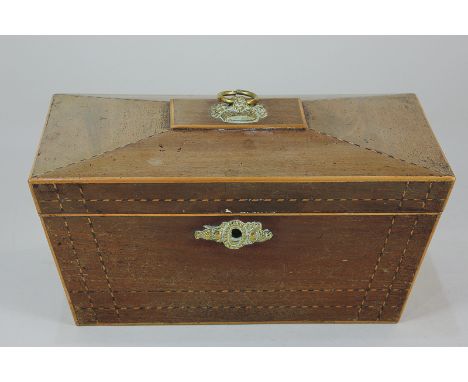 A 19th century mahogany and satinwood inlaid sarcophagus shaped tea caddy, 28.5cm, (a/f - missing liner)