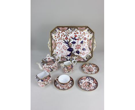 A Royal Crown Derby porcelain matched part tea set with Imari decoration and gilt embellishments, comprising tray, 35.5cm, te