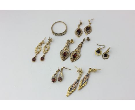 Six various pairs of earrings, and a diamond half hoop ring (stones missing)