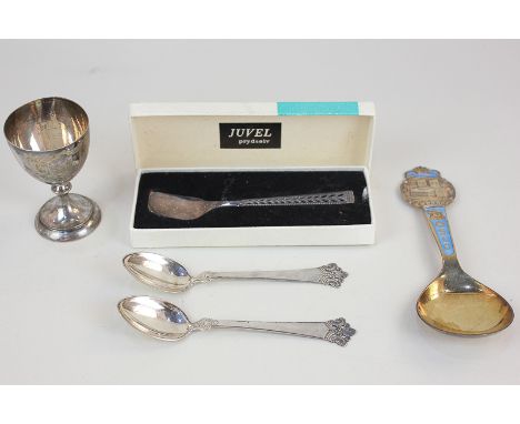 A Norwegian silver gilt and blue enamel Oslo spoon, maker Theodor Olsens, a pair of 830 silver teaspoons by Magnus Aase, an 8