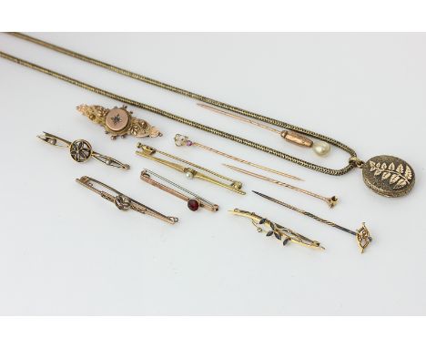 Four various stick pins in cases, a gilt locket on chain, and six various bar brooches