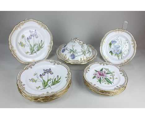 A Spode porcelain part dinner service in the Stafford flowers pattern, comprising eight dinner plates, all depicting Iris and