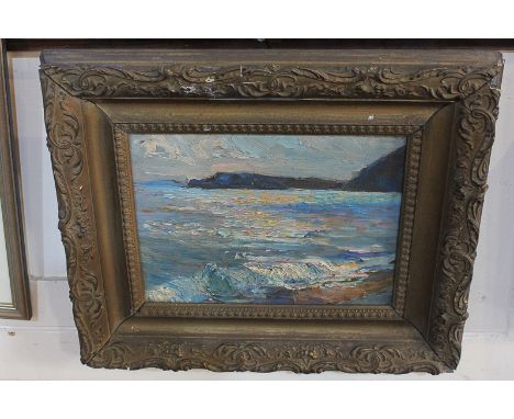 Late 19th / early 20th century school, seascape at sunset, distant coastline, oil on board, unsigned, faintly inscribed verso
