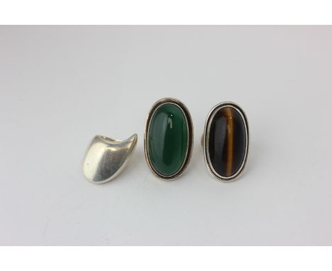 Georg Jensen, a silver and tiger's eye ring number 46E, a chrysoprase ring number 46E, and a silver ring number 91