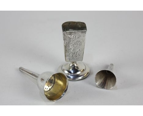 A Victorian silver funnel with filter, marks worn, Birmingham 1898, a smaller silver hip flask funnel, makers James Dixon &am