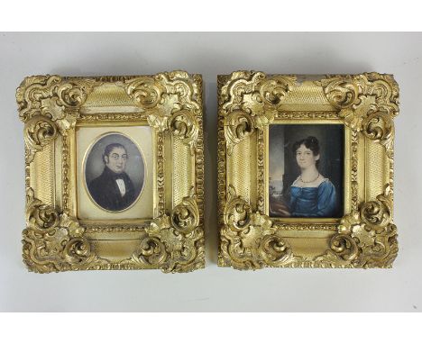 Two 19th century miniature portraits comprising an oval portrait of a gentleman with brown eyes and black hair, 7cm by 5.2cm,